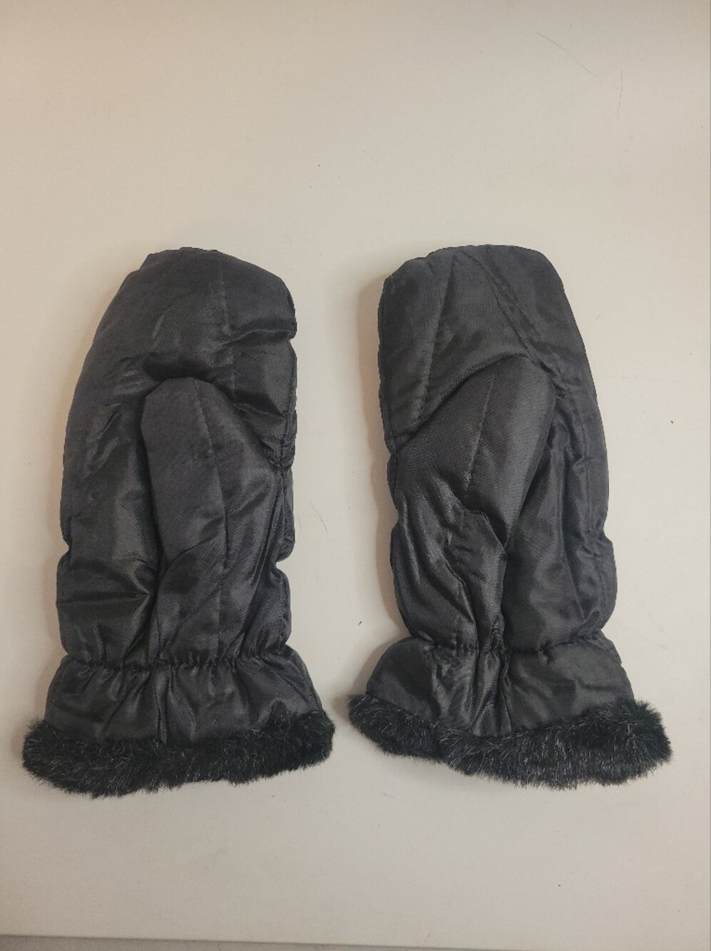 Black Fleece-Lined Furry Trim Quilted Mittens